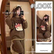 可爱hellokitty半边绒睡衣女款冬天可出门加绒加厚保暖大码家居服