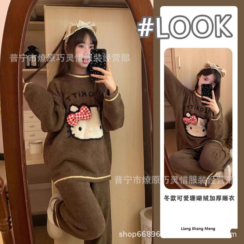 Cute Hello Kitty Half-Velvet Pajamas for Women, Suitable for Going Out in Winter, with Added Fleece and Thickened for Warmth, Large Size Loungewear Cute Hello Kitty Half-Velvet Pajamas for Women, Suitable for Going Out in Winter, with Added Fleece and Thickened for Warmth, Large Size Loungewear