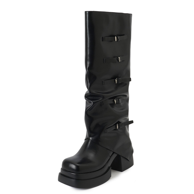 Boot nữ cổ cao gót chunky đế dày phong cách cưỡi ngựa, tăng chiều cao, mùa thu đông — đen, con lạc đà, hồng