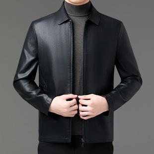 Brand Leather Men's fleece-lined Thickened 2025 Autumn and Winter Fashion Casual Lapel Men's Leather Jacket Dad's Coat