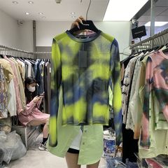 韓系染網紗長袖tシャツ女性夏の新型丸首がゆったりしていて、やせています。