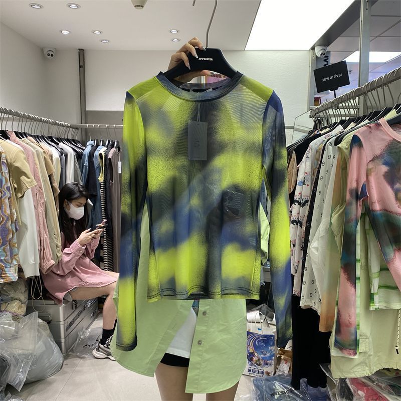 Korean Tie-Dye Mesh Long-Sleeved T-Shirt for Women Summer New Round Neck Loose Slimming Look Style Pullover Casual Top Trendy Korean Tie-Dye Mesh Long-Sleeved T-Shirt for Women Summer New Round Neck Loose Slimming Look Style Pullover Casual Top Trendy