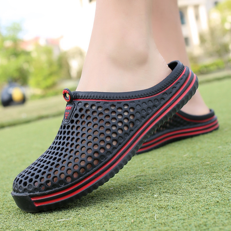 Summer Sandals Mesh Slippers Men's Casual Bird's Nest Hole Beach Shoes Slip-On Lazy Half Slippers Large Size Men's Shoes