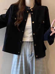大码胖mm美式立领夹克外套女秋2025新款工装风正肩短款上衣