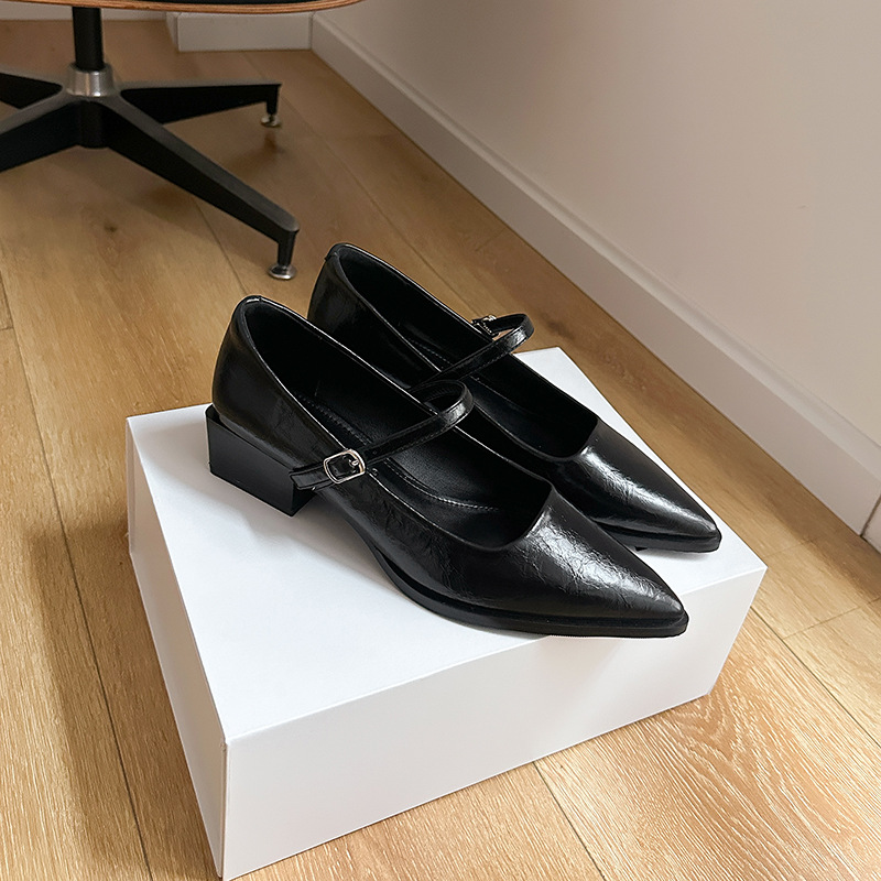 Pointed Toe Vintage Mary Jane Pumps Leather Chunky High Heels_voghion.com