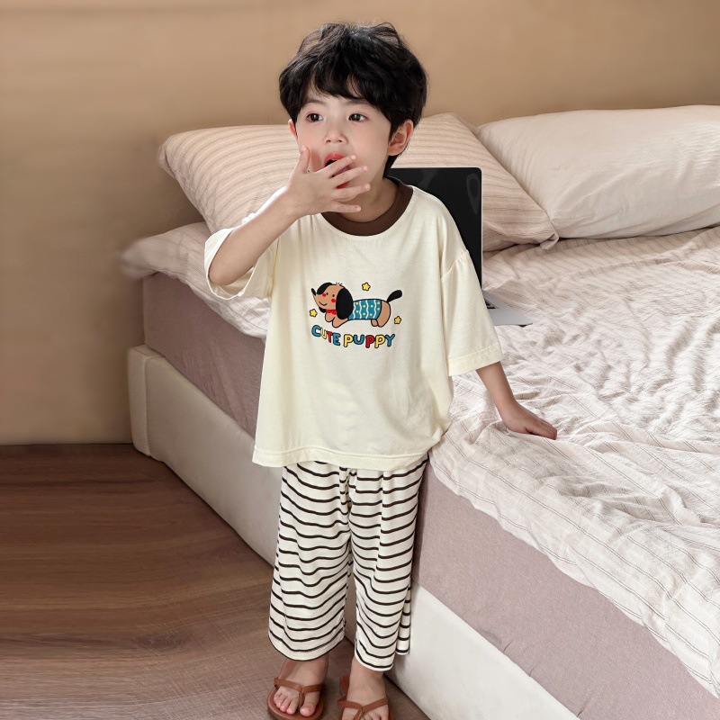 Children's Boys' Pajamas Summer Set Homewear 2025 Thin Air Conditioning for Older Children and Babies Short Sleeve Summer New Model
