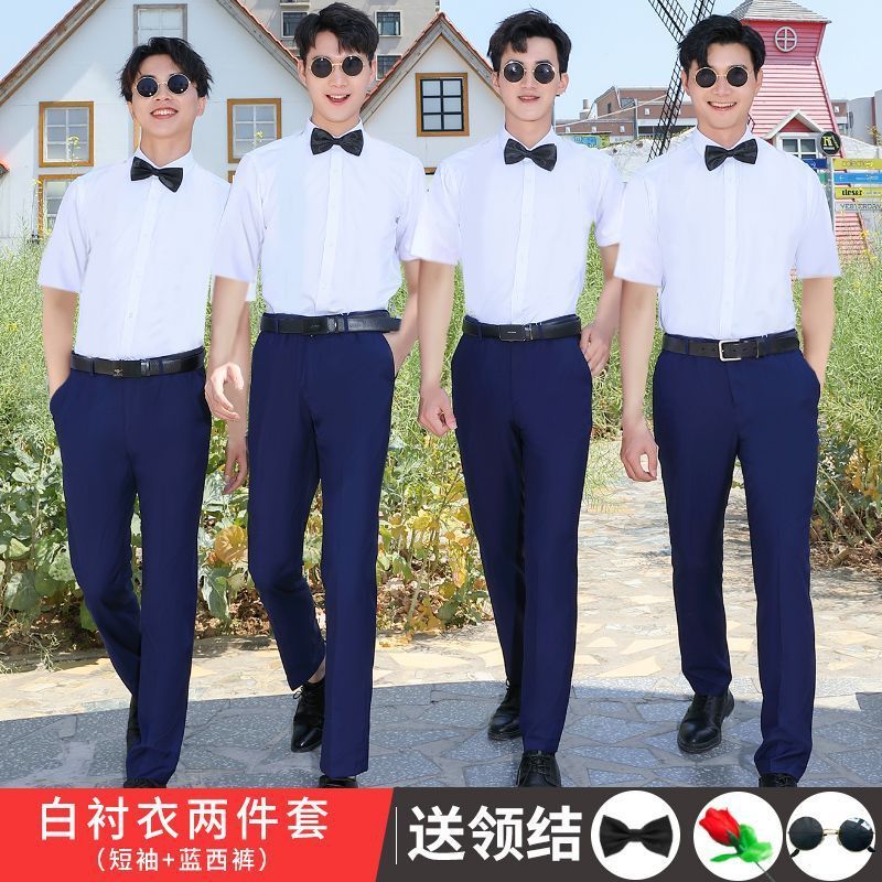 伴郎服兄弟装大码白衬衣长袖衬衫套装夏季男士结婚礼服兄弟团衣服|undefined