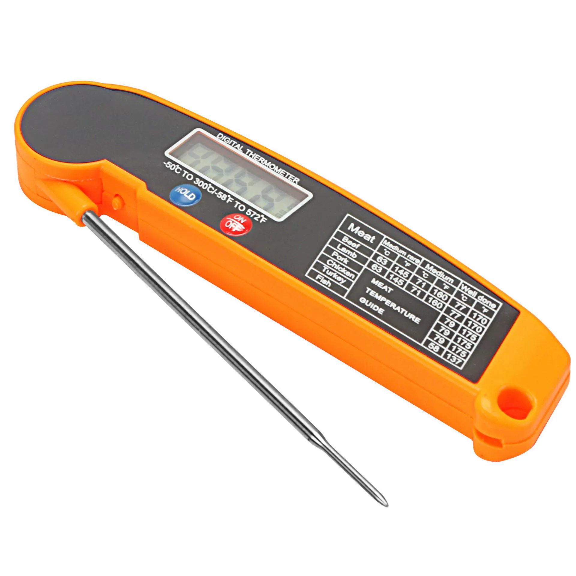 Thermometer (Amazon) folding meat probe, -50–200 °C range, AAA battery powered