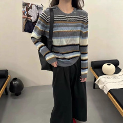 0911-178圆领秋装拼色条纹长袖针织衫女2025秋新款穿搭软糯毛衣
