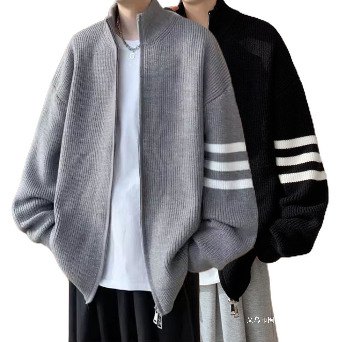 跨境欧码大码三杆针织衫毛衣男开衫外套夹克秋冬工厂批发现货杂款