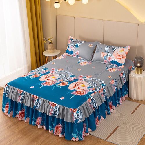 Bedspread and Bedcover Set of Three - Simmons Mattress Protector - Double Bedspread with Small Floral Edge - Korean Style Bedskirt - 1.8m x 2.0m