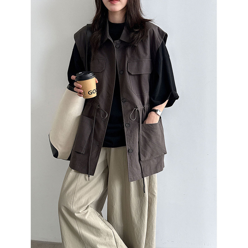 Luxi Korean-style design workwear vest for women, new autumn model with drawstring waist and pockets, sleeveless top 7123