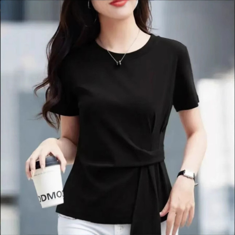 女性用デザイン半袖Tシャツ、ウエストが不規則なトップス、ファッショナブルな夏の新しいスタイル、ドロップシッピング|undefined