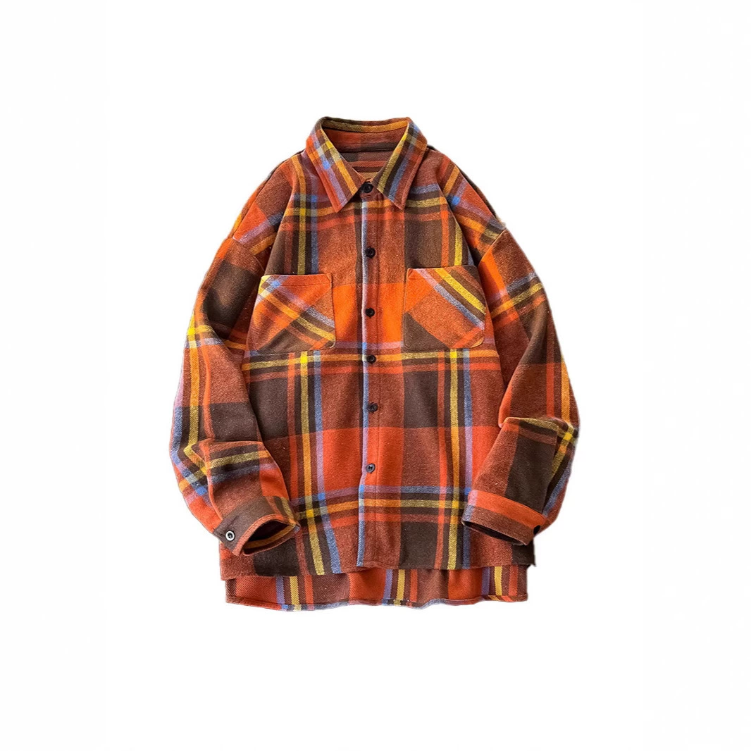 2024 осенняя и зимняя мужская клетчатая рубашка в гонконгском стиле свободная куртка для мужчин и женщин повседневная дикая шерсть рубашка с длинными рукавами