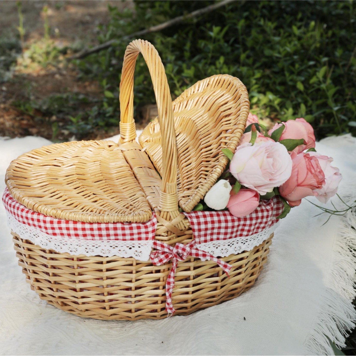 Cesta de picnic de sauce oval tejida a mano camping viaje barbacoa con cubierta portátil almacenamiento gran cesta de sauce