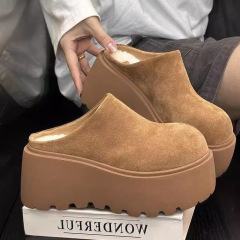 松糕厚底包头半拖鞋女外穿2025秋季复古真皮百搭小个子增高毛拖鞋