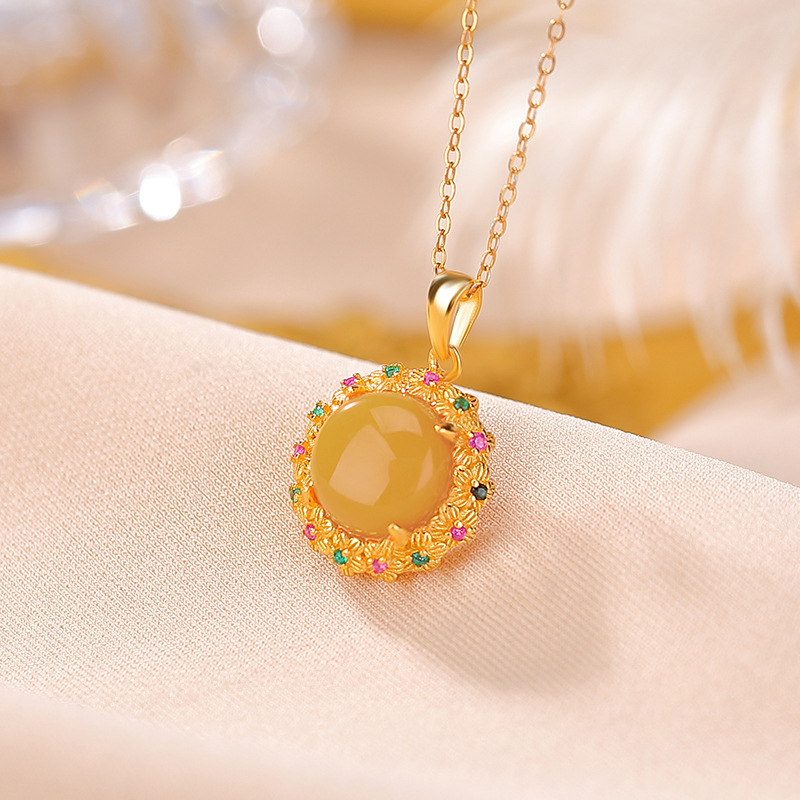Mặt dây chuyền bạc S925 mạ vàng hình hoa tròn dát sáp ong phong cách cung điện — Mặt dây chuyền đơn (không có dây chuyền)