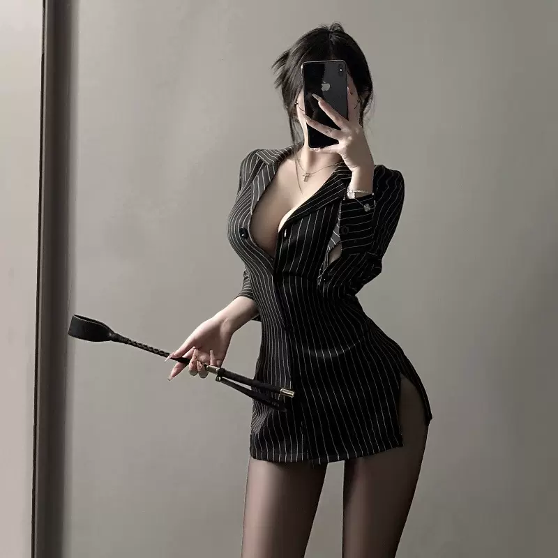 情趣内衣条纹西装性感秘书制服纯欲免脱条纹衬衫套装诱惑睡衣qqny