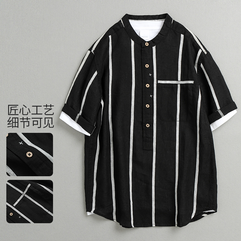 Summer New Arrival Striped Coat Men's Short-sleeved Five-point Shirt Coat Korean Style Fashionable Lapel Casual Men's 2502
