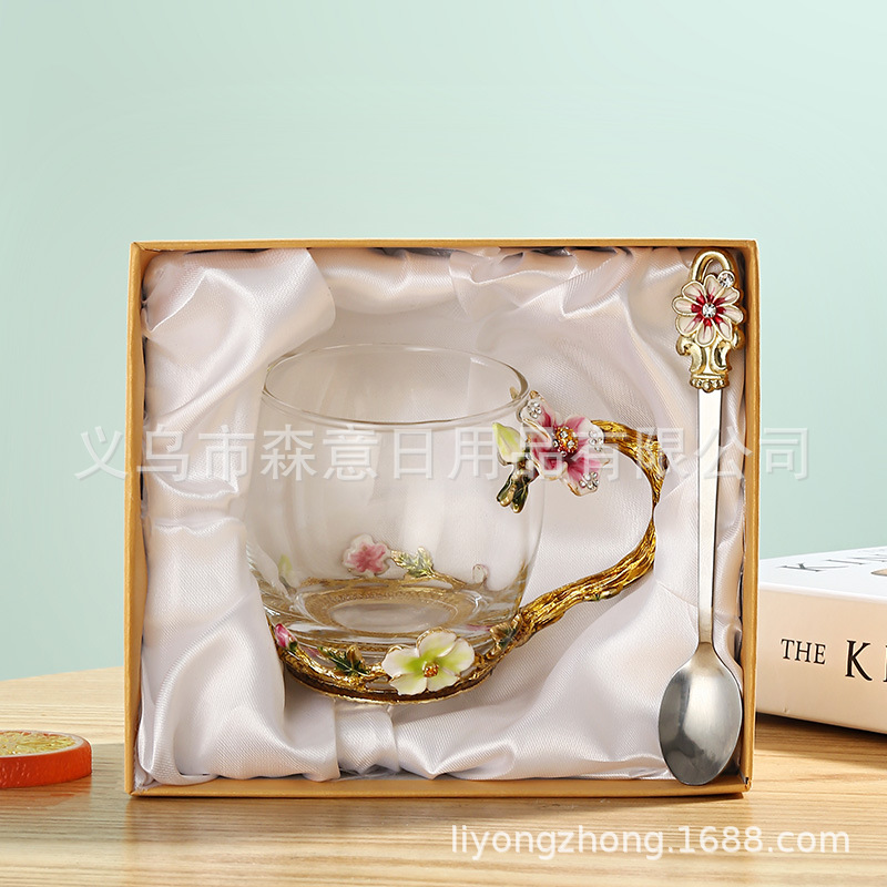 Esmalte taza de agua de color flor creativa taza de té taza de jugo taza de vidrio de cristal resistente al calor taza de café taza de pareja de gama alta regalo de la taza