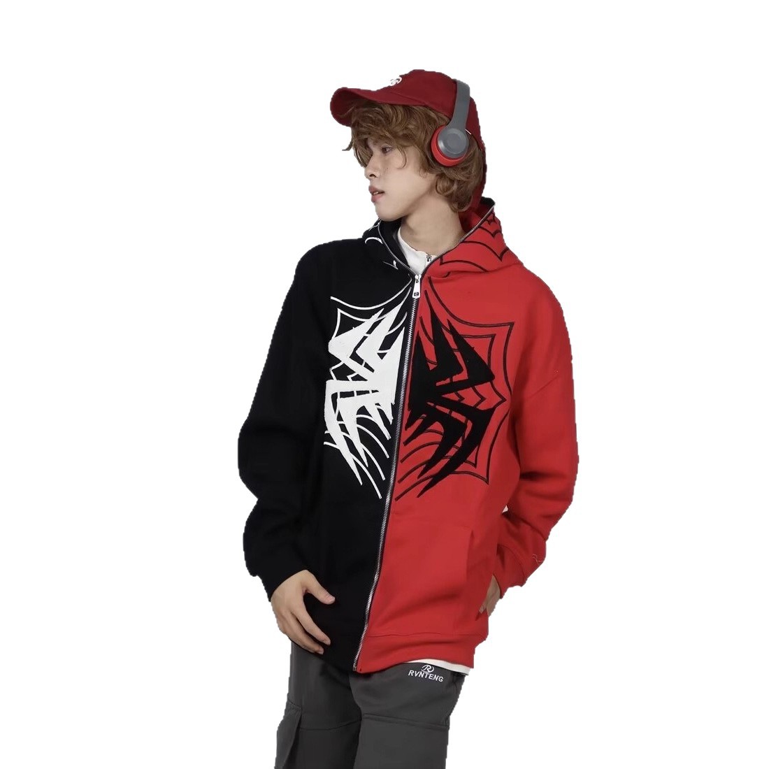 Trendy contrasterend Spider-Man-cartoonvest met rits voor heren en dames, losvallend model._voghion.com
