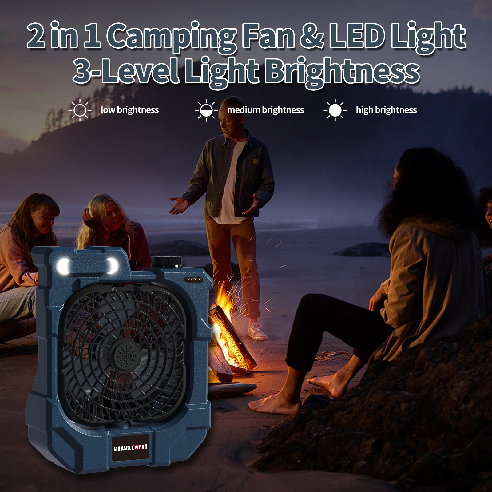 Ventilador Oscilante de Camping con Luz USB Recargable con Iluminación y Banco de Energía para Exterior