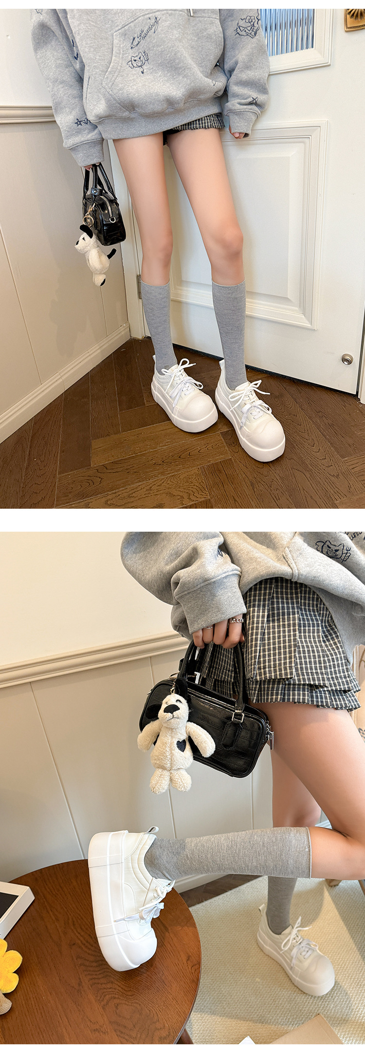 Giày sneaker nữ chunky đế dày mũi tròn phối màu dây buộc cổ sâu — màu trắng, màu đỏ chi tiết 20