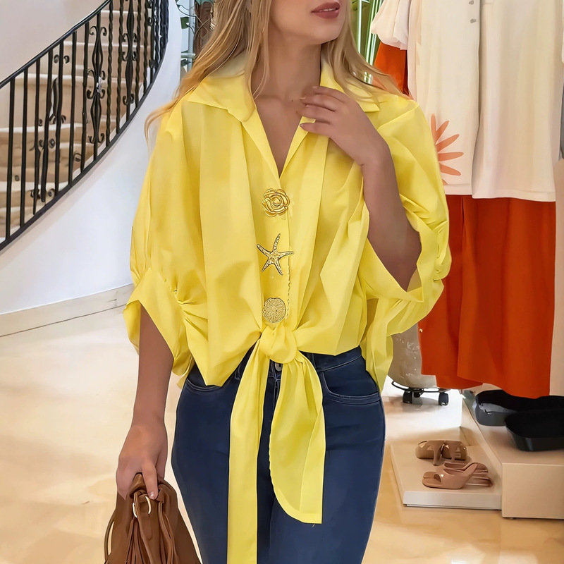 2026 European and American Cross-Border Simple Long-Sleeve Shirt for Women, New Autumn Design with Metal Buttons, Loose Top