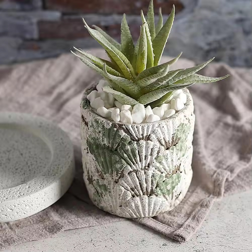vasija de flores al aire libre con contenedor de almacenamiento de textura natural para taza de cerámica de estilo de concha de viento marino