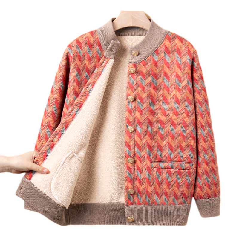 Middle-Aged and Elderly Women's Winter Fleece-Lined Jacket Stylish Grandma Thick Cardigan Sweater Women's Warm Cotton-Padded Jacket
