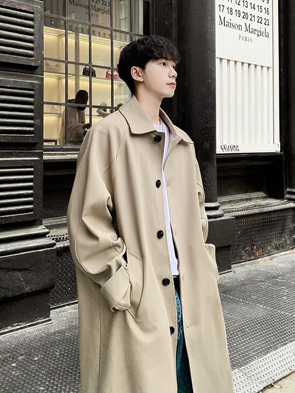 Japanese style spring and autumn lapel trench coat for men, mid-length, British style, trendy loose fit, casual workwear, Korean style.