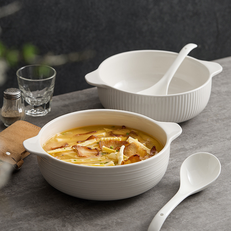 Double Ear Bowl Noodle Bowl Household Soup Bowl Ceramic Tableware Lamen Noodle Bowl Exquisite Advanced Sense Sauerkraled Fish Large Pot Bowl