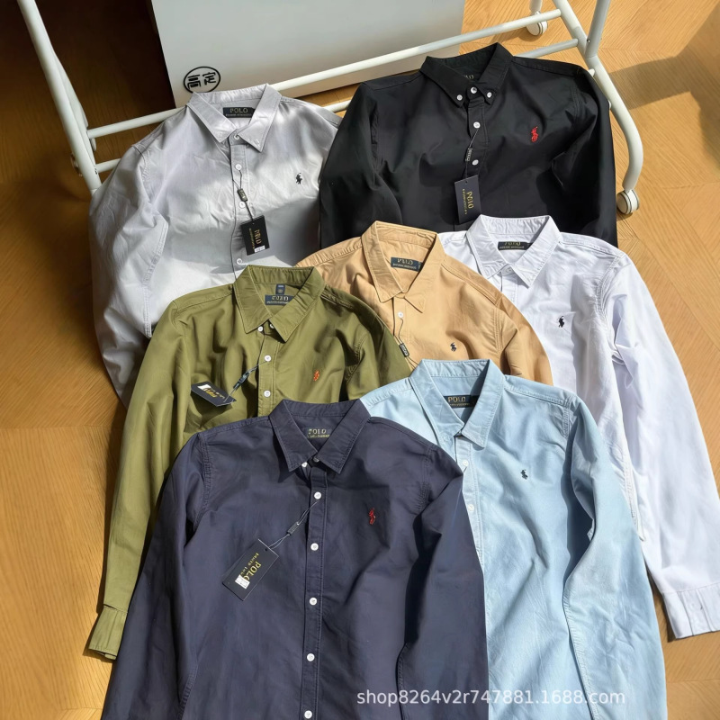 High-Quality Ralph@Ralph Classic Solid Color Pony Logo Embroidered Spring and Autumn Long-Sleeve Casual Shirt for Men and Women
