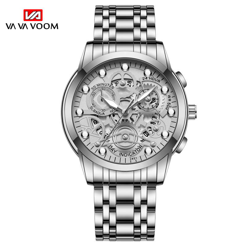 VAVA VOOM 2451 nuevo calendario falso Movimiento de cuarzo de tres ojos Reloj de correa de acero luminoso para hombres