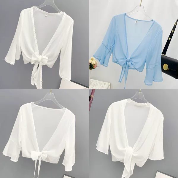 Chiffon Shawl Women's Summer Outer Cardigan Versatile Thin Short Style with Suspender Skirt Small Jacket Sun Protection Clothing Vest