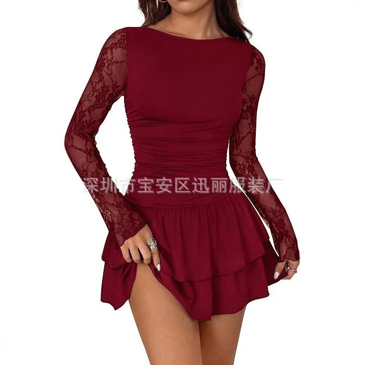 Long-sleeved wedding guest dress, women's casual homecoming dress, pleated tight-fitting mini party ball gown for autumn Long-sleeved wedding guest dress, women's casual homecoming dress, pleated tight-fitting mini party ball gown for autumn