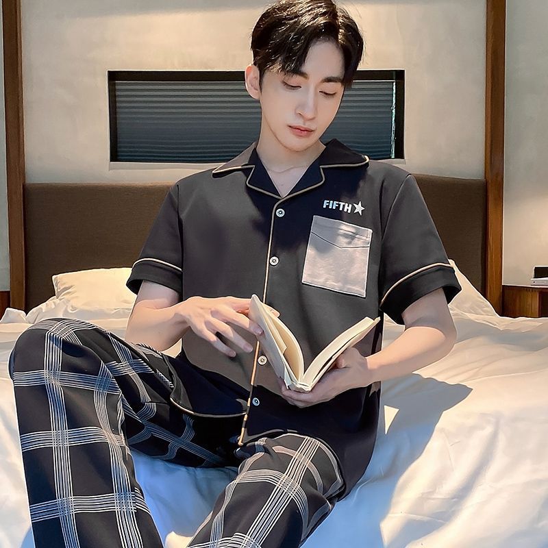 Pajamas de algodón para hombres coreanos, pantalones largos de mangas cortas de verano, ropa delgada para hombres, set de ropa exterior