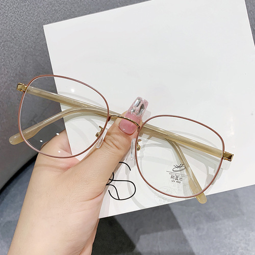 01076 Milk tea color pin glasses frame retro square Korean version trendy myopic female anti-blue light round face slimming flat