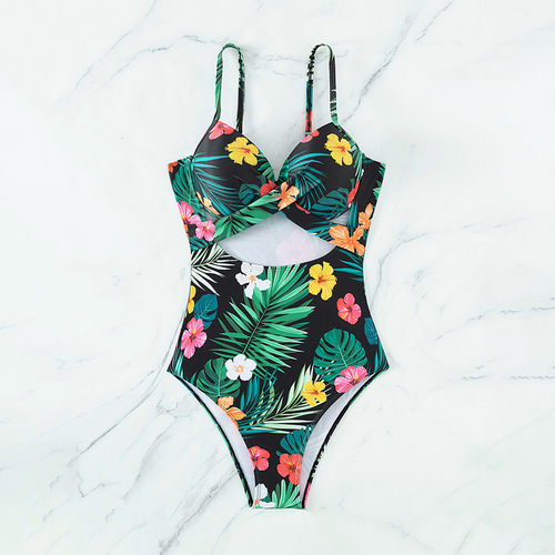 European and American floral small bust gathering one-piece swimsuit triangle conservative slimming bikini for women