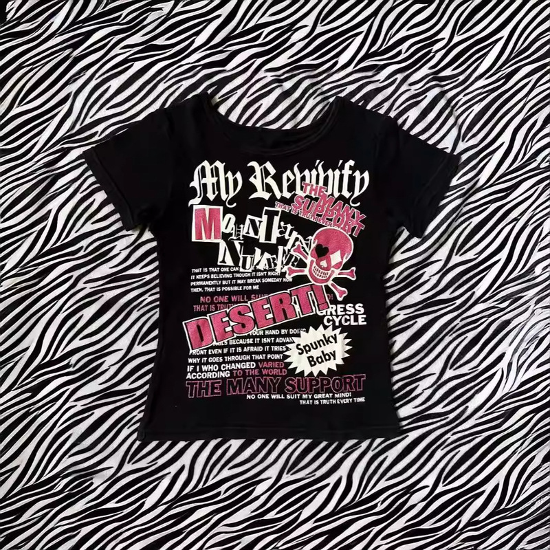 Japanese Brand Street Motorcycle American Style Hot Girl Antique Short Sleeve Curled Hole Sexy Sweet Spicy Pure Desire T-Shirt Short Top