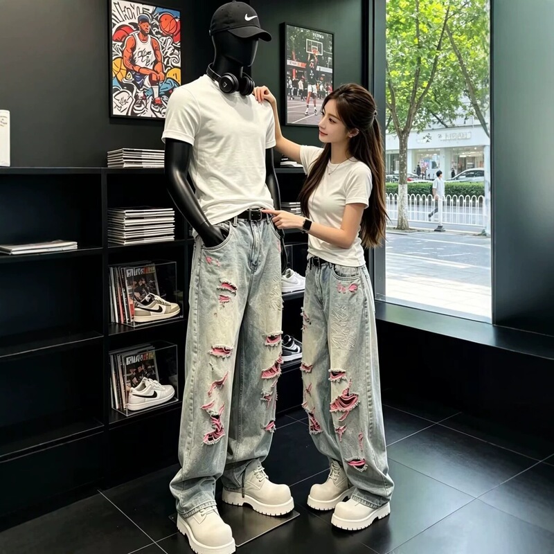 Trendy American-Style Ripped Jeans for Men, Loose Fit, Slimming, Heavy-Duty Washed Straight-Leg Pants with a Cool Design, Ins-Style