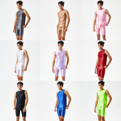 Elegant shiny transparent 5-inch pants and crop top set for plus-size men in Europe and America, with a sexy silk-like texture, fitness style.