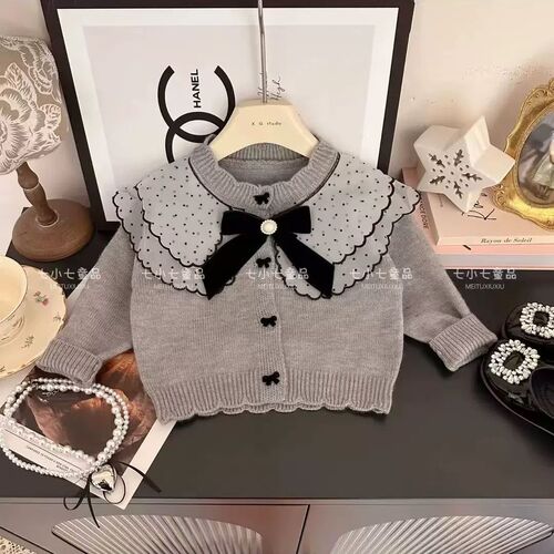Children's and Girls' Butterfly Knot Cardigan Sweater Autumn and Winter Outfit Stylish Casual Spliced Collar Knit Jacket Top