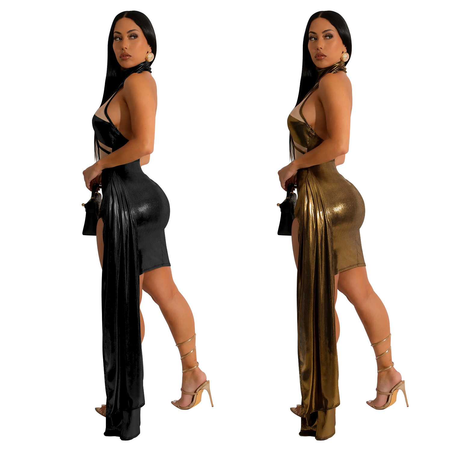 C6358 transfronteriza AliExpress Amazon moda europea y americana de las mujeres de color sólido lado capa sin mangas Falda corta vestido de las mujeres image 7