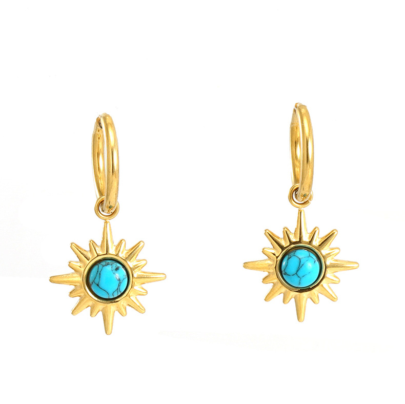 304 Stainless Steel Material Sun Pattern 1 Pair Fashion Sun Plating Inlay 304 Stainless Steel Turquoise 18K Gold Plated Stainless Steel Earrings