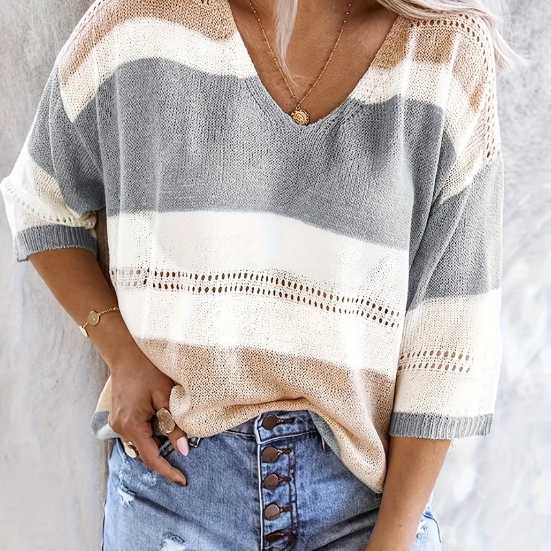 Women'S Casual V Neck Sweater Off Shoulder Striped Knit跨境|undefined