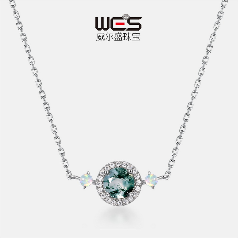 Collar de ágata de hierba de agua natural de lujo ligero clásico transfronterizo femenino S925 plata con incrustaciones de musgo verde cadena de clavícula lujo ligero