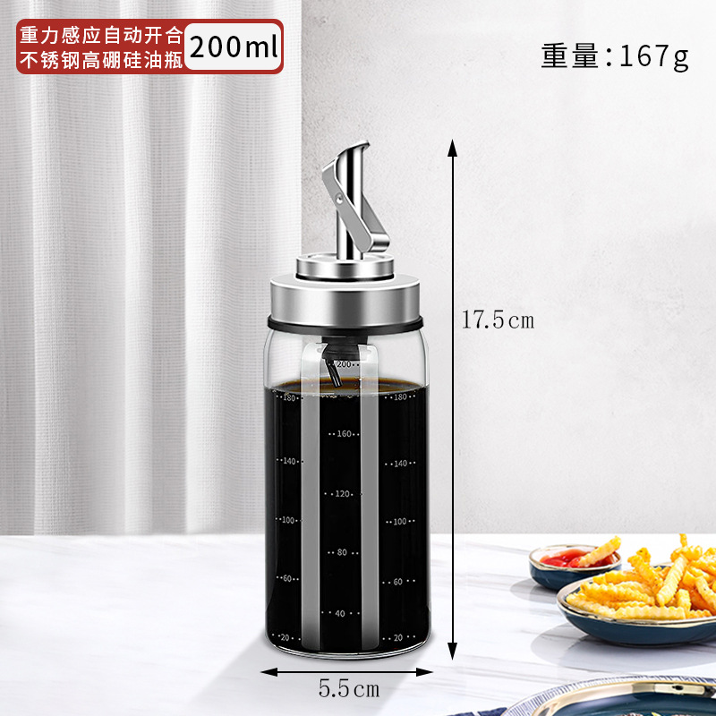 Cocina de acero inoxidable olla de aceite por gravedad apertura automática y cierre botella de aceite salsa de soja aceite de sésamo vinagre botella de vidrio condimento botella