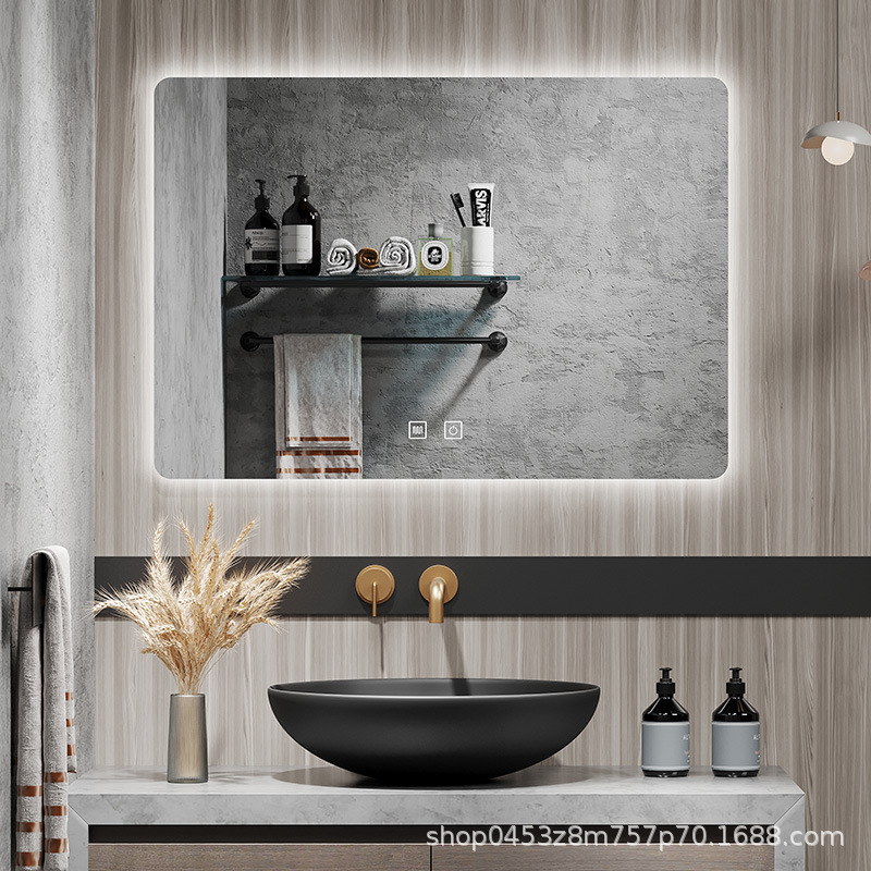 Espejo de baño, gabinete de espejo de baño, lavabo de pared inteligente colgado en la pared, inodoro con lámpara de pantalla táctil, espejo de niebla led