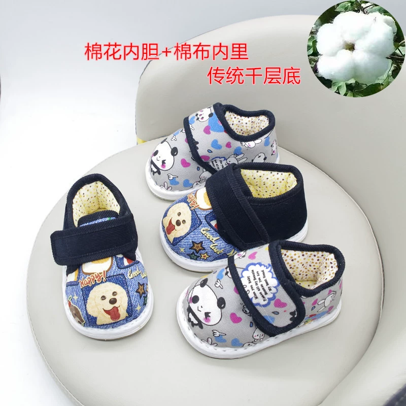 Детская обувь из ткани ручной работы хлопчатобумажная обувь зимой утолщена и теплая многослойная подошва для мальчиков 0-3 года 2 ступенчатая мультипликационная неделя